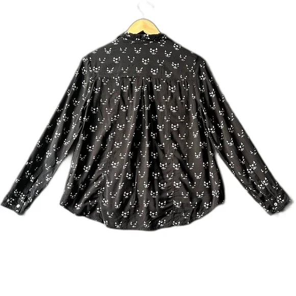 Maeve Anthropologie Long Sleeve Top Women's Size 4 Clever Cat Print Black Rayon - Picture 3 of 6
